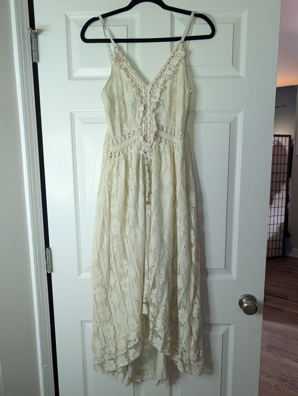 Women’s Ivory Crochet Lace Boho Maxi Dress Gold Detail Spaghetti Strap Festival - Picture 2 of 7